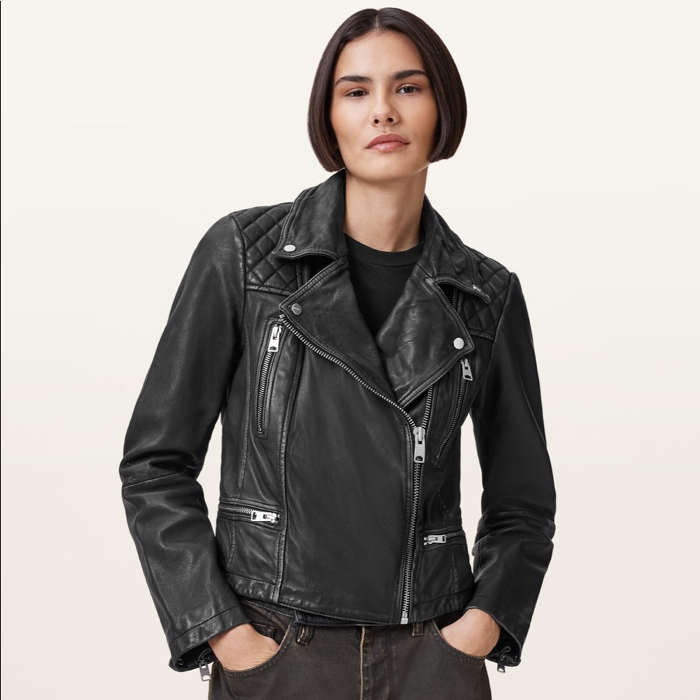 All Saints Cargo Distressed Leather Biker Jacket